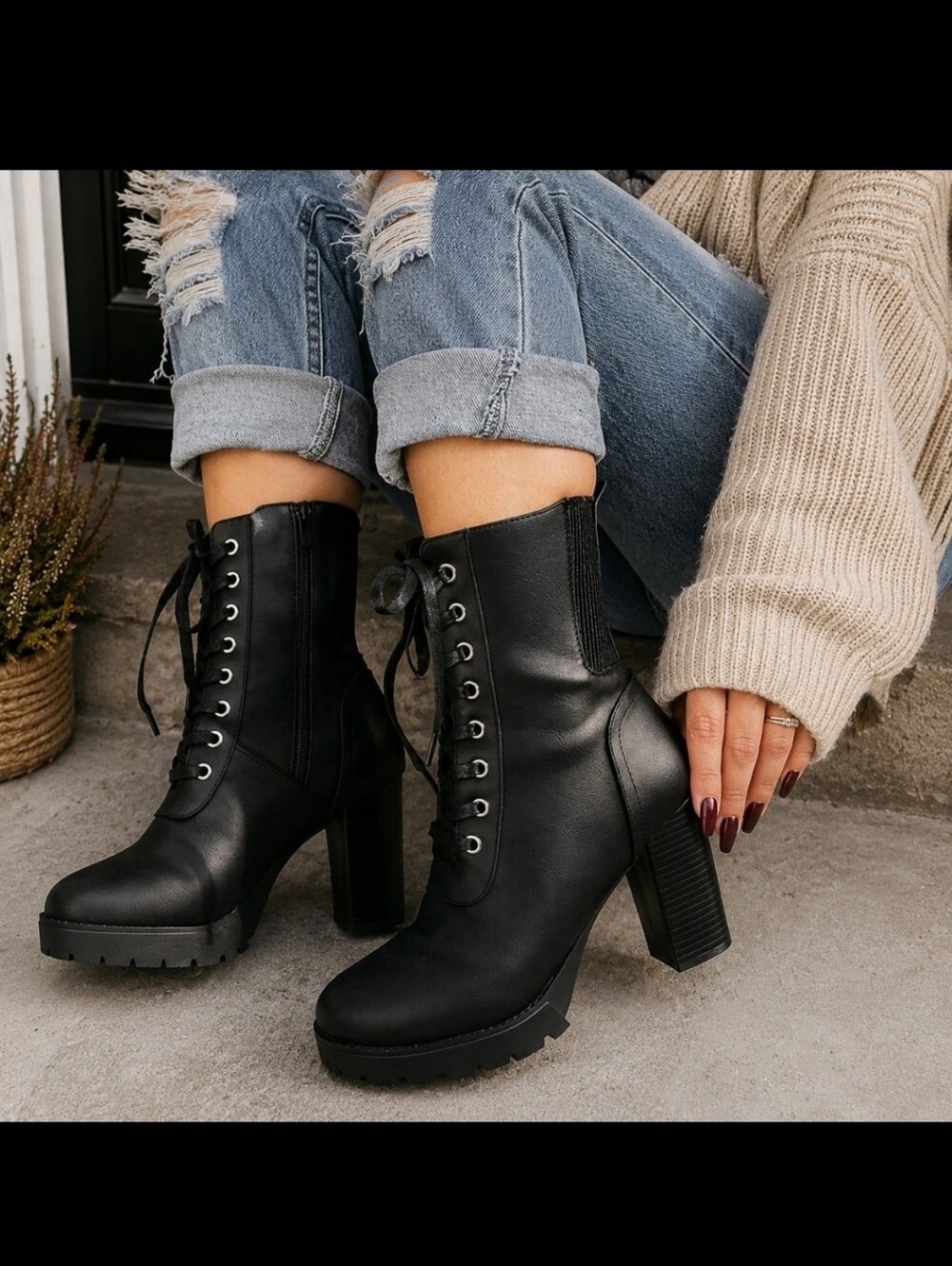 Women’s Lace-Up Combat Ankle Boots – Chunky High Heel, Lug Sole, Side Zipper - Picture 2 of 6